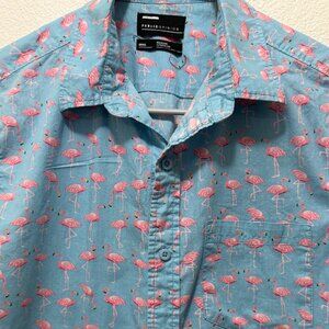 Public Opinion blue button down short sleeve shirt, pink flamingo print, men SM